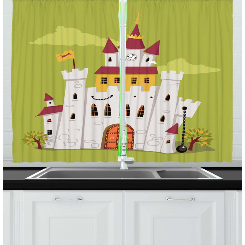 East Urban Home 2 Piece Castle German Style Fortress Clock Tower Cartoon Kitchen Curtain Set Wayfair