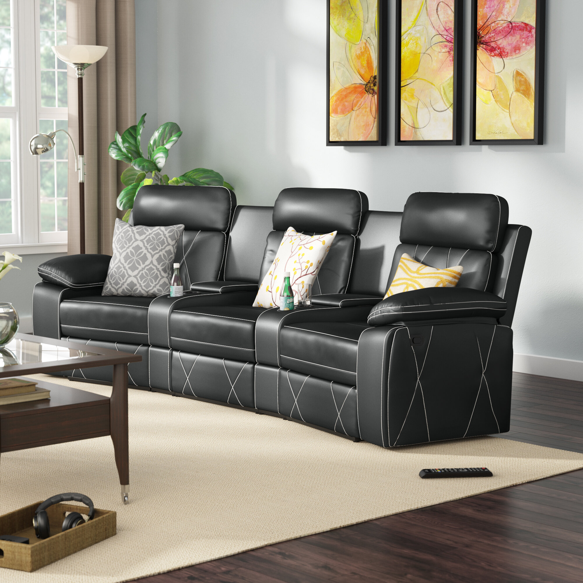Black Modern Genuine Real Leather Sofa Chaise Sectional Home Theater Seat New 