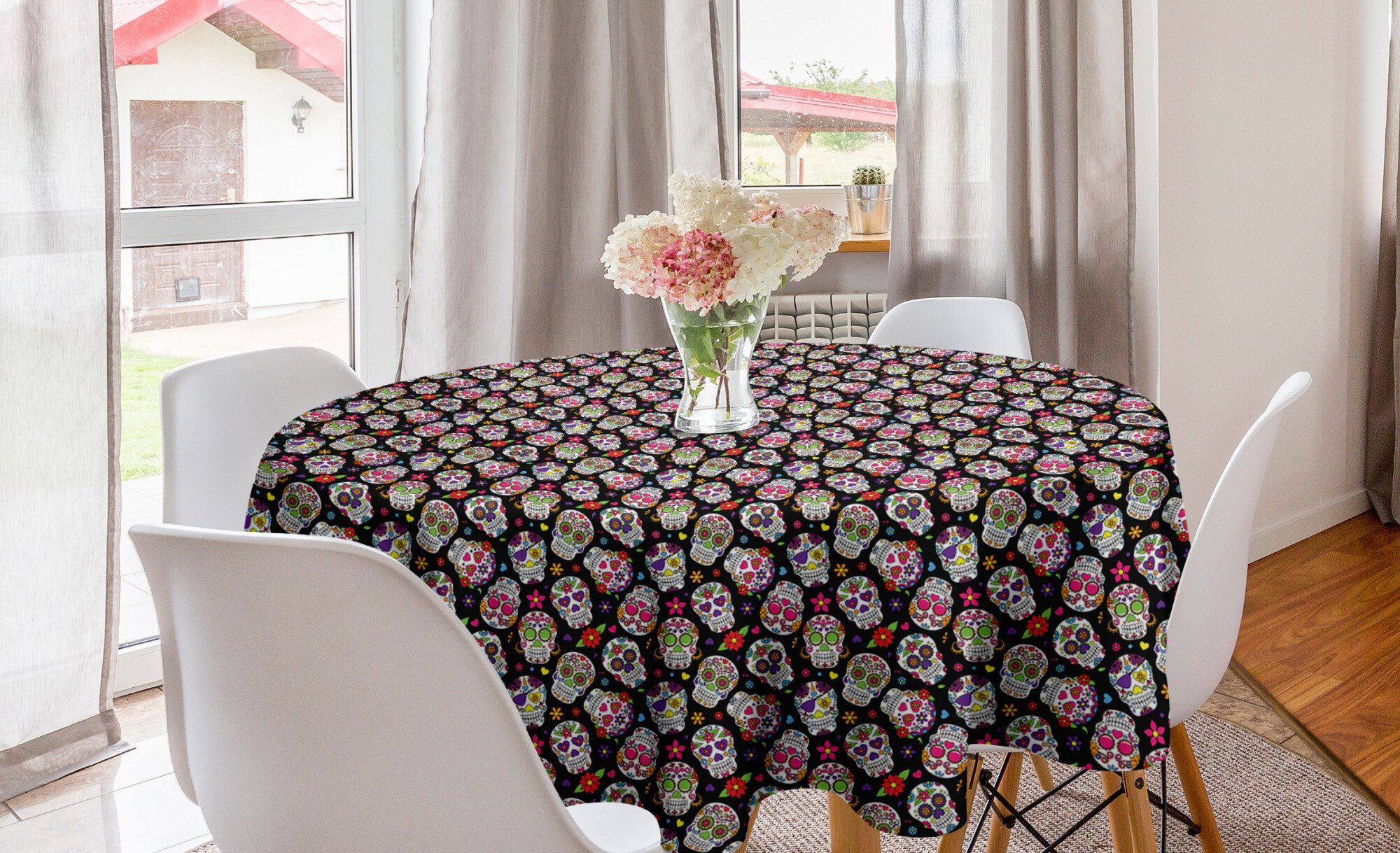 Colorful Circles with Flower and Line Patterns Tablecloth,60 X90 Inch,Polyester Fabric Washable Tabletop Decoration for Kitchen Party Indoor Outdoor 