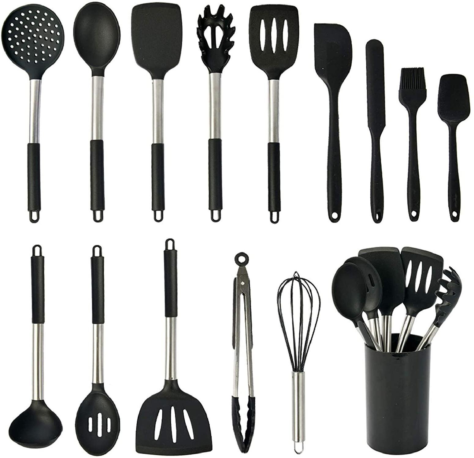 Cooking Utensils Set Stainless Steel & Silicone Tools Ladle Spoon Spatula Mixing