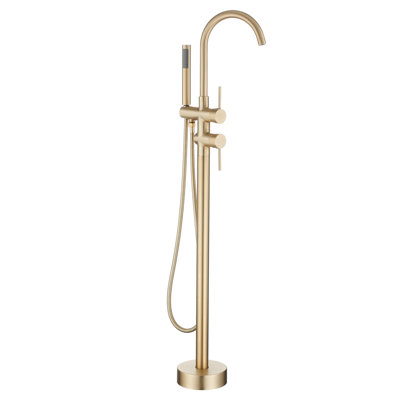 Double Handle Floor Mounted Freestanding Tub Filler Faucet with Handshower