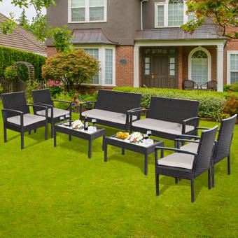 Highland Dunes Depew Outdoor Garden Furniture 4 Piece Rattan Sofa Seating Group With Cushions Wayfair