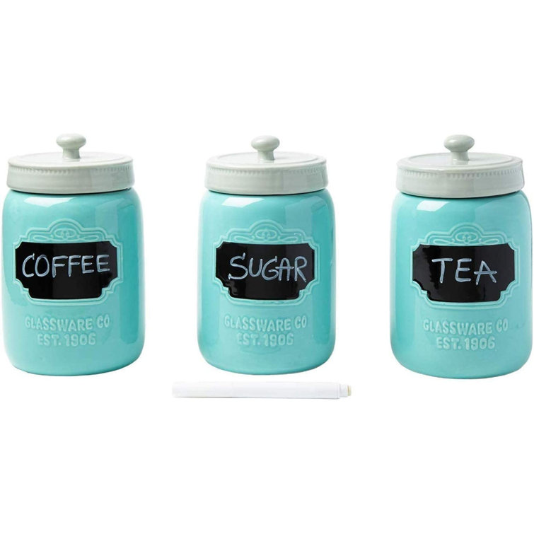 Ceramic Canister Set For Kitchen - Set Of 3 Decorative Storage Containers  With Air-Tight Lids For Coffee, Sugar & More - Aqua Blue Storage W/Reusable  ...
