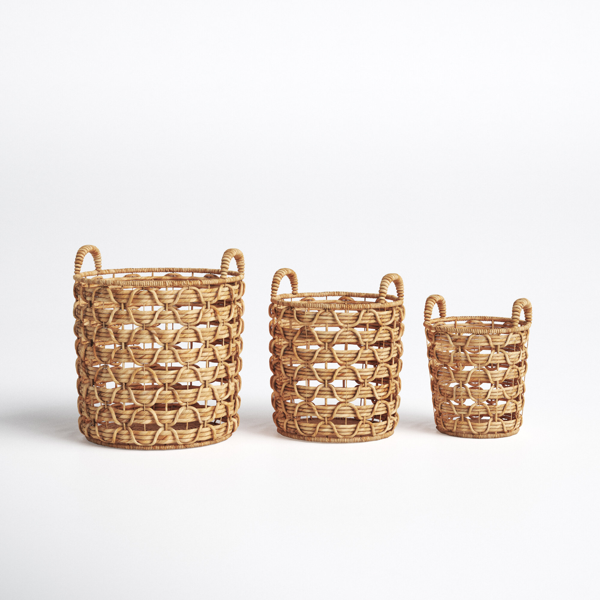 SET OF 3 BASKETS SEAGRASS AND METAL STORAGE ORGANIZER HOME DÉCOR 