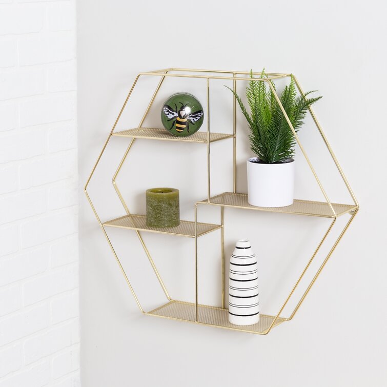 Retro Geometric Hexagon 4 Tier Wall Mount Wood Floating Shelves Metal Frame US 