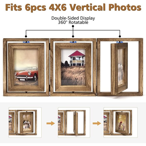 Loon Peak® 4X6 Picture Frame Rustic Wood Hinged Folding Triple Picture ...