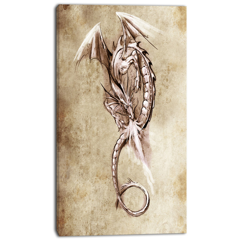 Fantasy Dragon Tattoo Sketch Graphic Art Print On Canvas