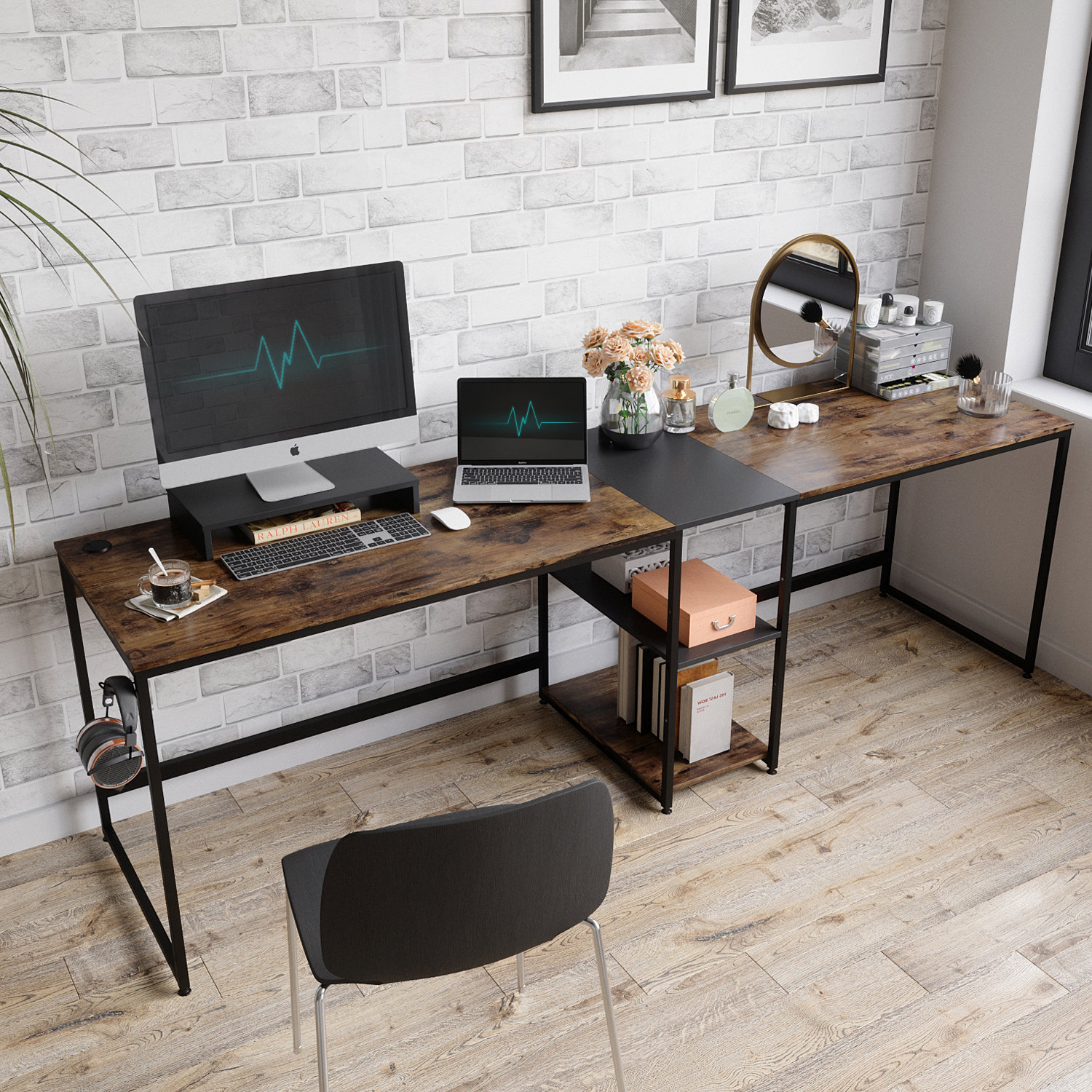 17 Stories Switchable 59 L Shaped Corner Computer Desk With Free Monitor Stand Headphone Rack