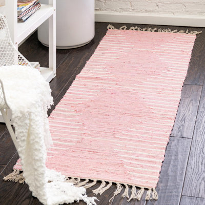 Hand Loomed Cotton Area Rug in Pink/White