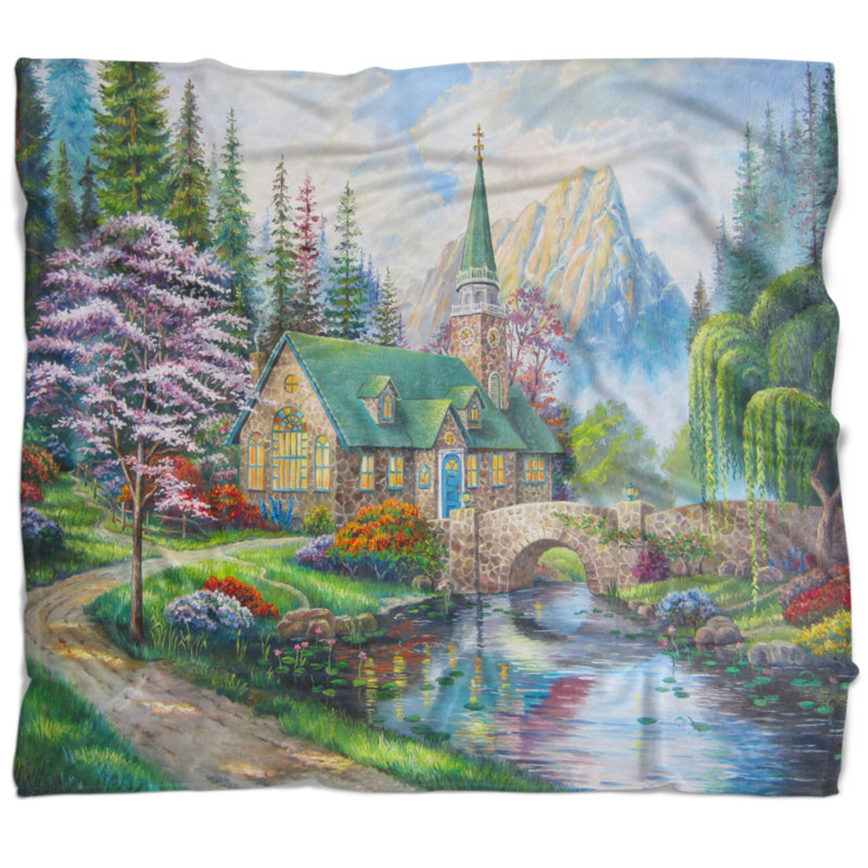 East Urban Home Landscape Church In Forest Oil Painting Blanket