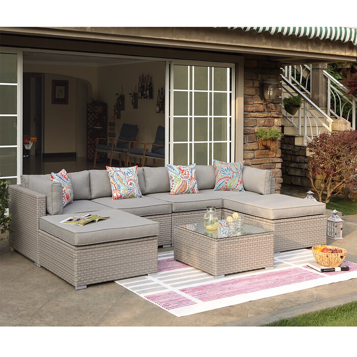 Rhinegeist 7 Piece Outdoor Furniture Warm Gray Wicker Family Sectional Sofa W Thick Cushions Glass Top Coffee Table 2 Ottomans 4 Floral Fantasy