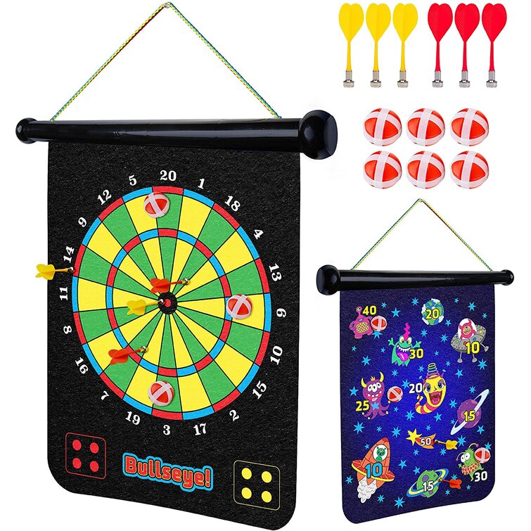 Magnetic Roll-Up Double Sided Hanging Dart Board Set with 6 Darts for Kids 