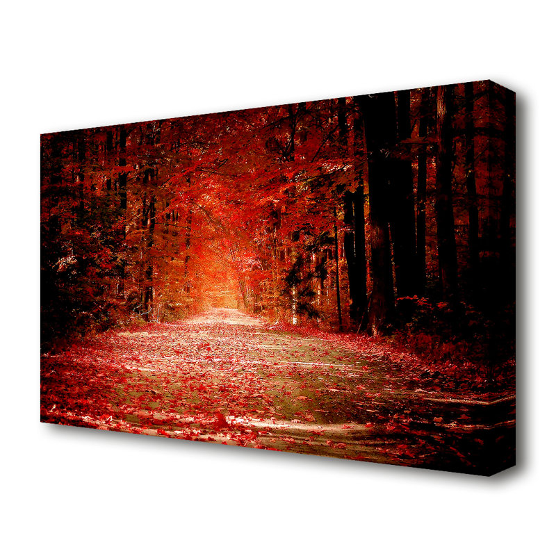 East Urban Home Red Autumn Road Forest Canvas Print Wall Art