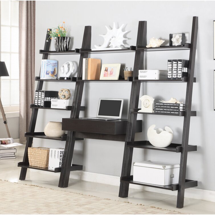 Details about   Bookshelf Leaning Metal Bookcase Storage Wall Ladder Multi Shelves Rustic Brown