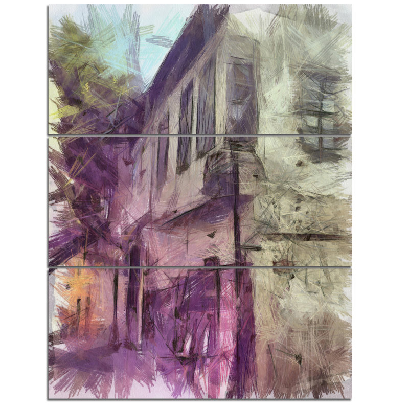 Designart Old City Street Watercolor Sketch 3 Piece Graphic Art On Wrapped Canvas Set Wayfair