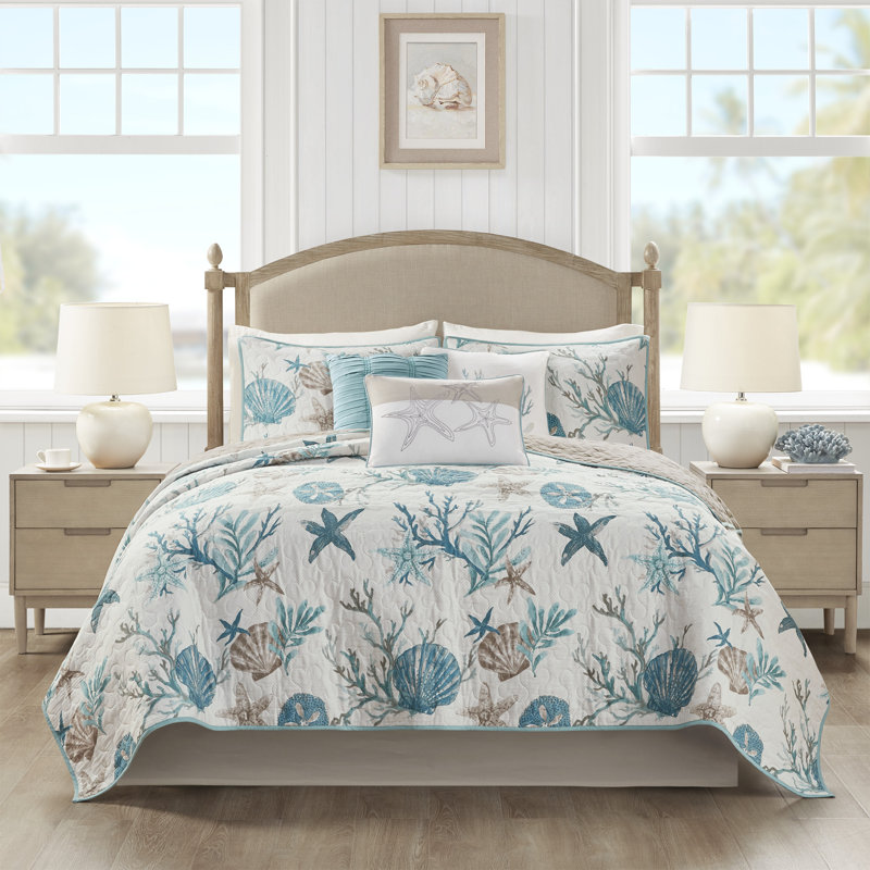 pebble beach cotton sateen 210 tc reversible 6 piece quilt set with throw pillows color/pattern: aqua/beige, size: king/cal +2 king shams+3 throw pillow