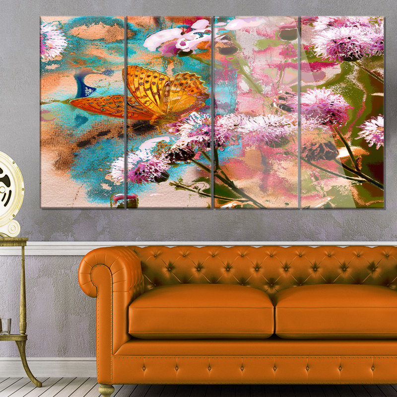 Designart Yellow Butterfly On Thistle Flowers 4 Piece Painting