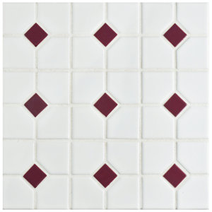 Cambridge Porcelain Mosaic Tile in Matte White/Maroon