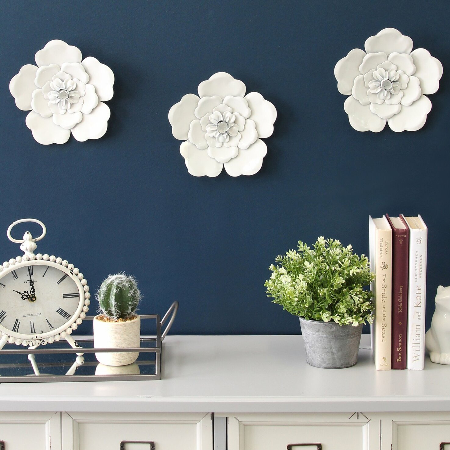 Designart Amazing Light Blue Chamomile Blossom Large Flower Metal Wall Art 60x28-5 Equal Panels 