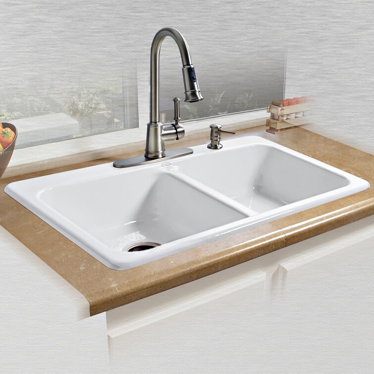 CECO Sinks-Dockweiler 767-4-22 Offset Double Bowl Self Rimming Cast Iron Kitchen Sink 33 X 22 X 10.75 Biscuit