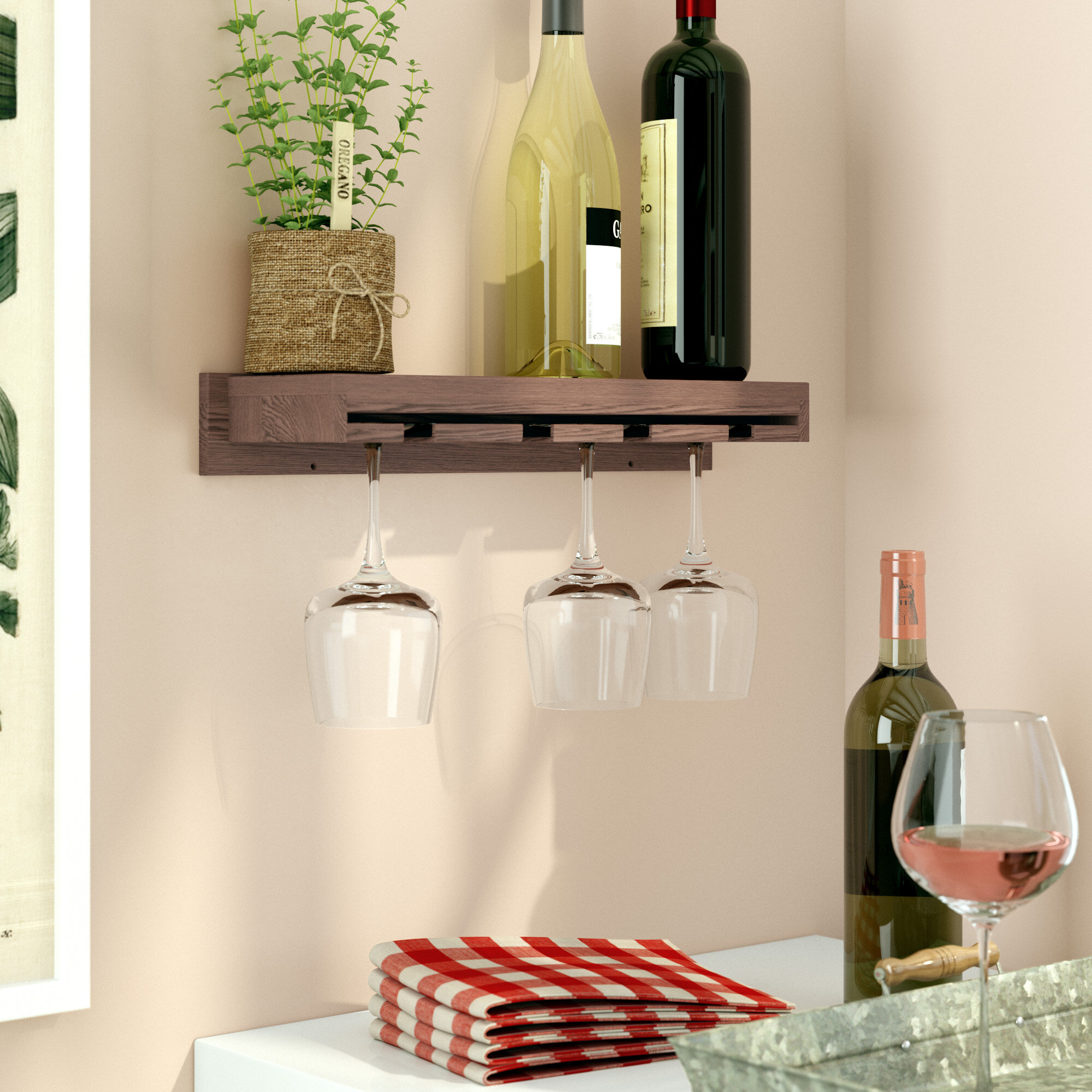 Home & Kitchen Décor NEX Wall Mounted Wine Rack Storage Rack with 5 Long Stem Glass Holder Wood Wine Rack for Wine Bottles & Stemware Glasses 