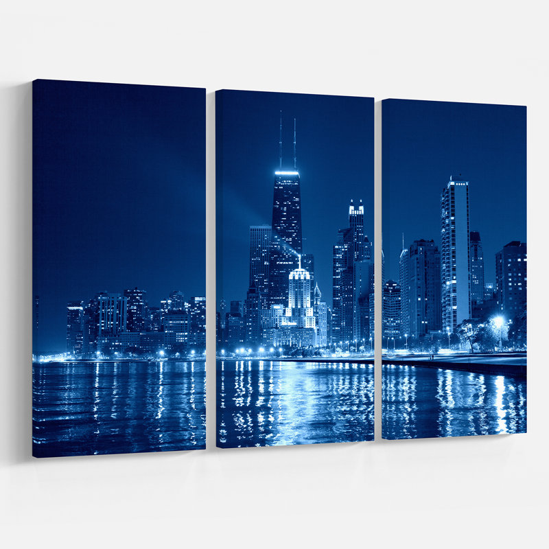 Ebern Designs Blue Chicago Skyline Night 3 Piece Graphic Art On
