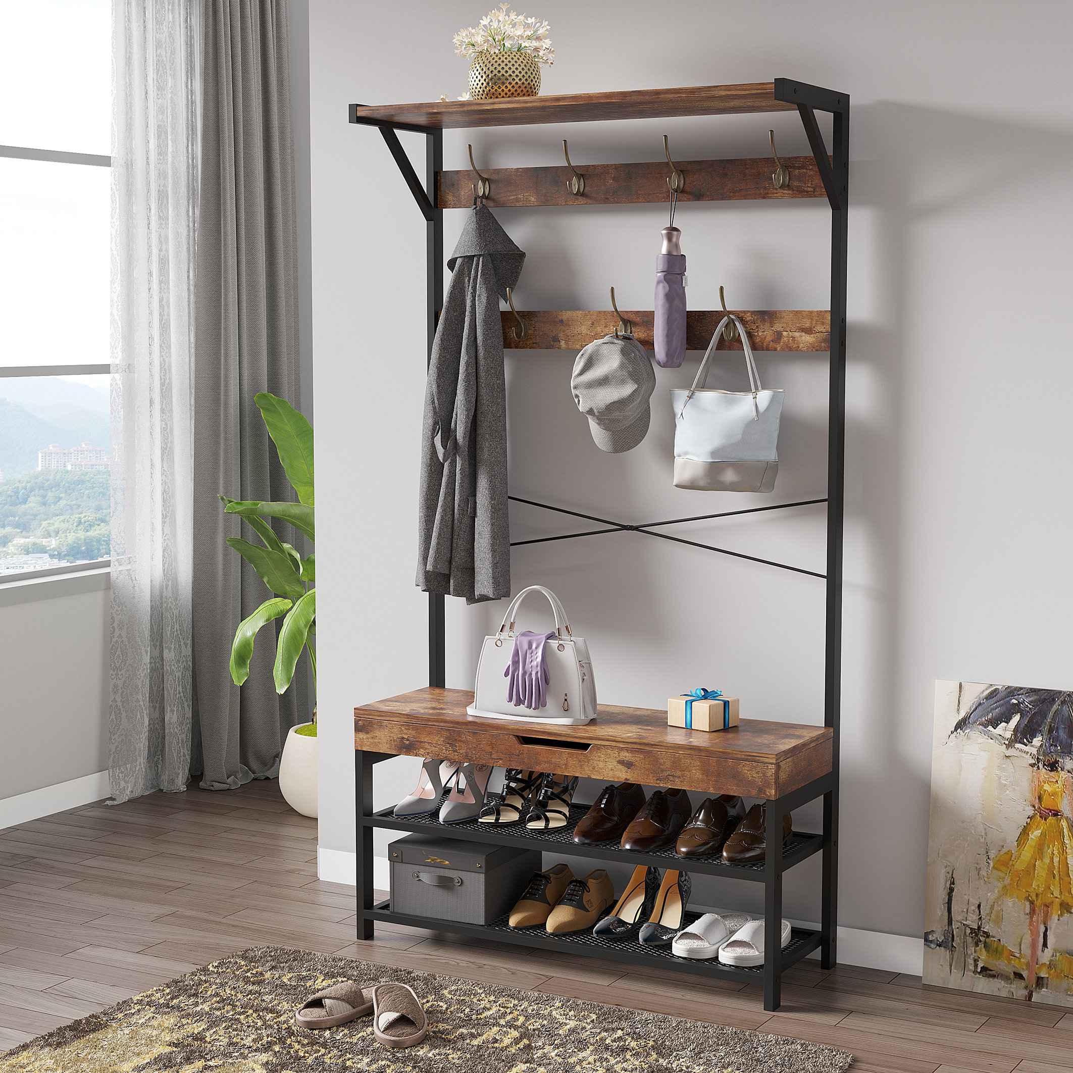 17 Stories Oltman 39.5'' Wide Hall Tree with Bench and Shoe Storage ...