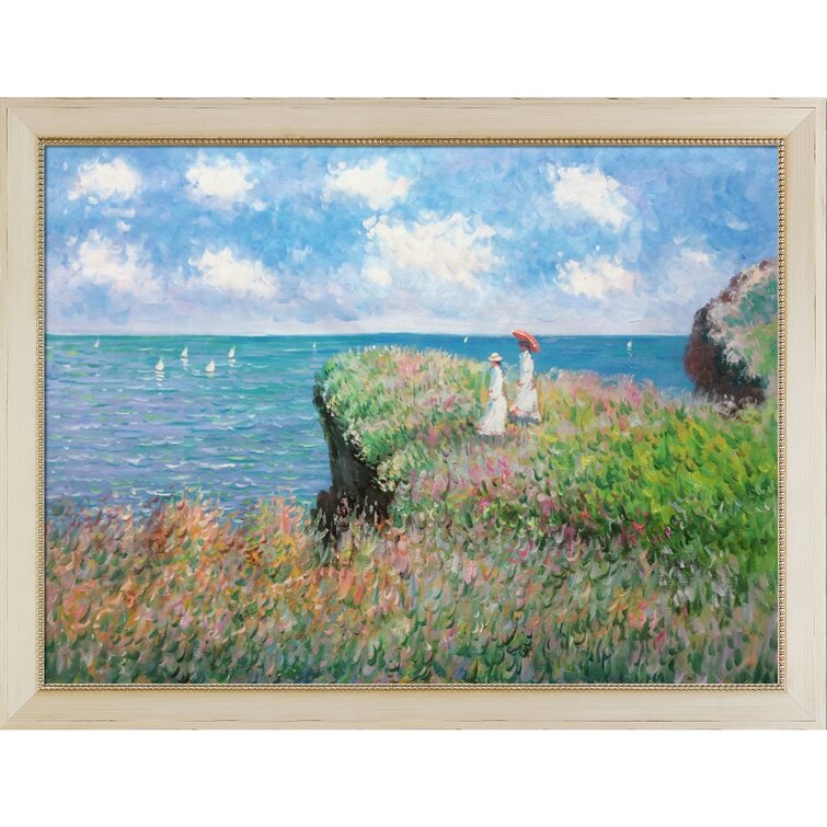 Multi-Color La Pastiche Hand Painted Oil on Canvas Cliff Walk At Pourville by Claude Monet Framed 31 x 27