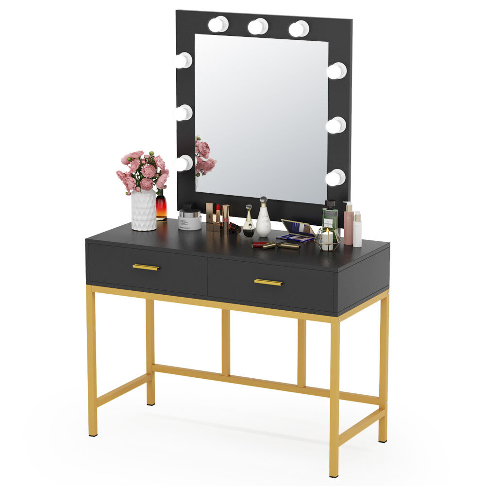 Everly Quinn Vanity Table With Lighted Mirror Makeup Vanity Dressing Table With 2 Drawers Gold And White Wayfair Ca