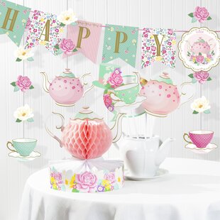 TEA PARTY BLUE FLORAL BANNER DECORATION POLKA DOT PERSONALISED BIRTHDAY BUNTING 