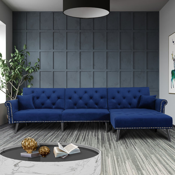 Blue Tufted Sectional Sofa Wayfair Amie glamorous velvet faux diamond button tufted sofa sectional + storage. blue tufted sectional sofa