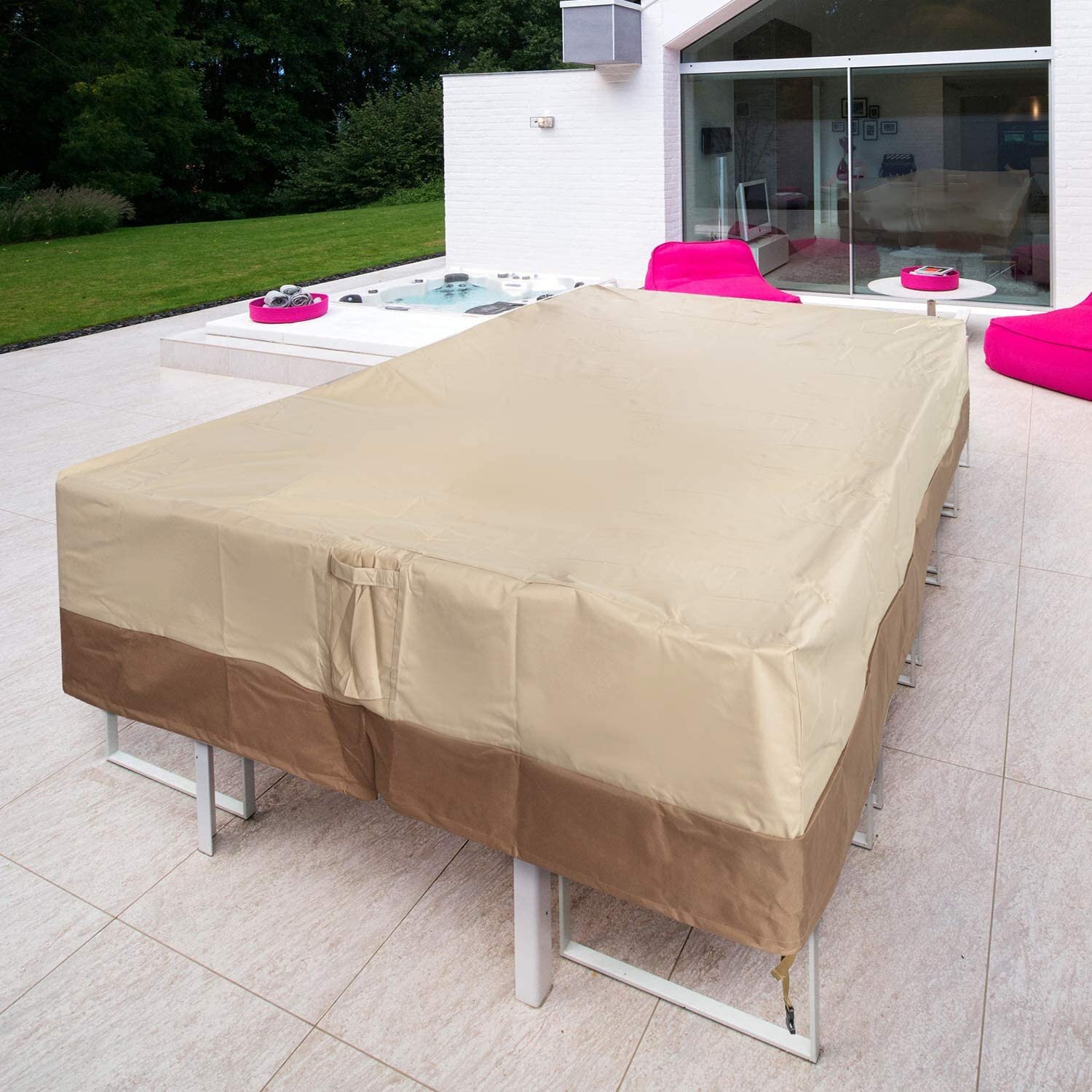Beige & Brown Patio Furniture Set Covers Outdoor 100% Waterproof 600D Oxford Polyester Durable Heavy Covers Suitable for Large Patio Sectional Sofa Size 125” x 70” x 30”