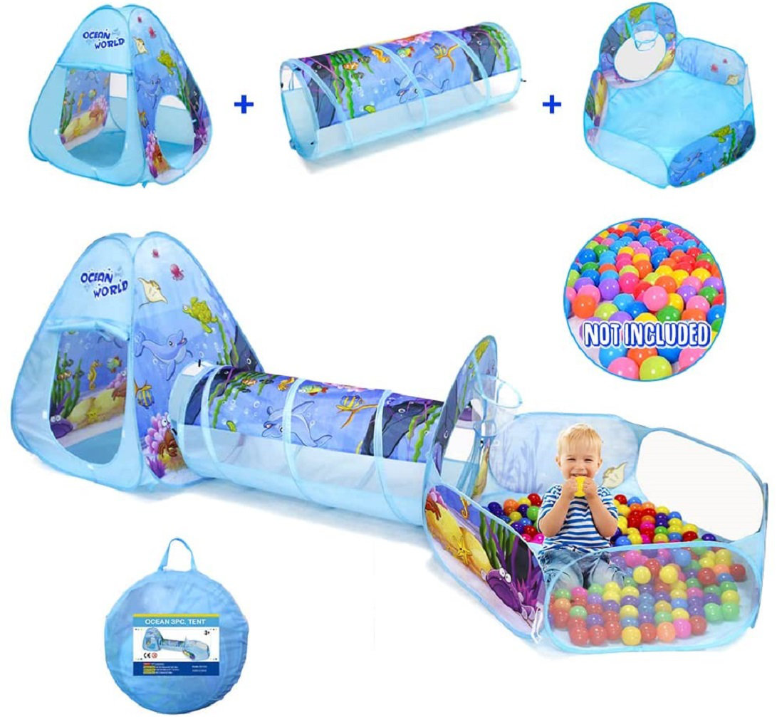 TRUST 3Pc Kids Play Tent With Ball Pit,Ocean Castle Tunnel & Ball Pit