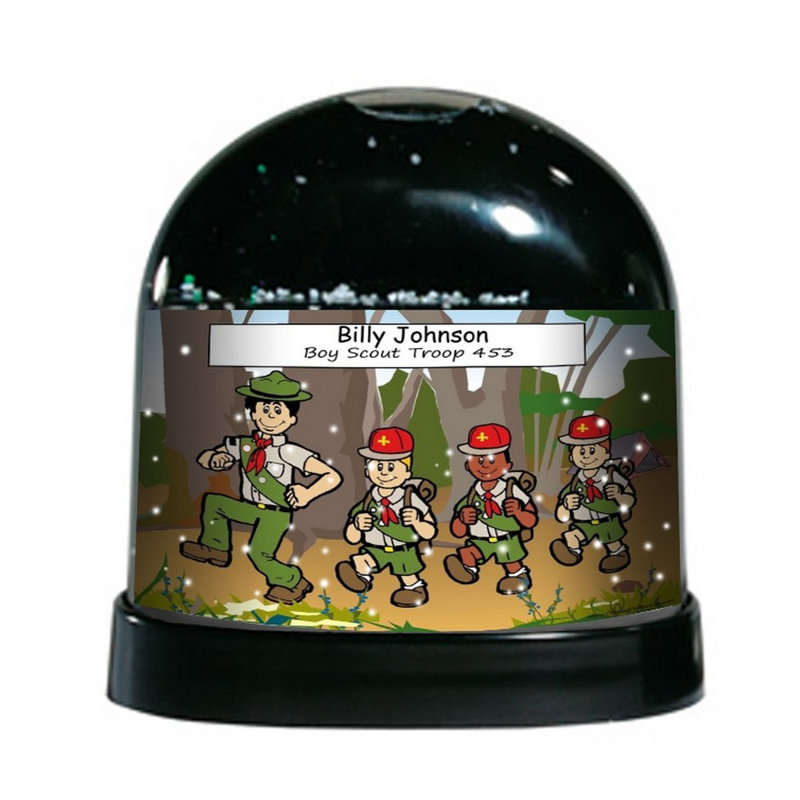 The Holiday Aisle Ntt Cartoon Caricature Boy Scout Troop Snow Globe How art thou, thou stinking, fat glob of cheap ship oil? wayfair