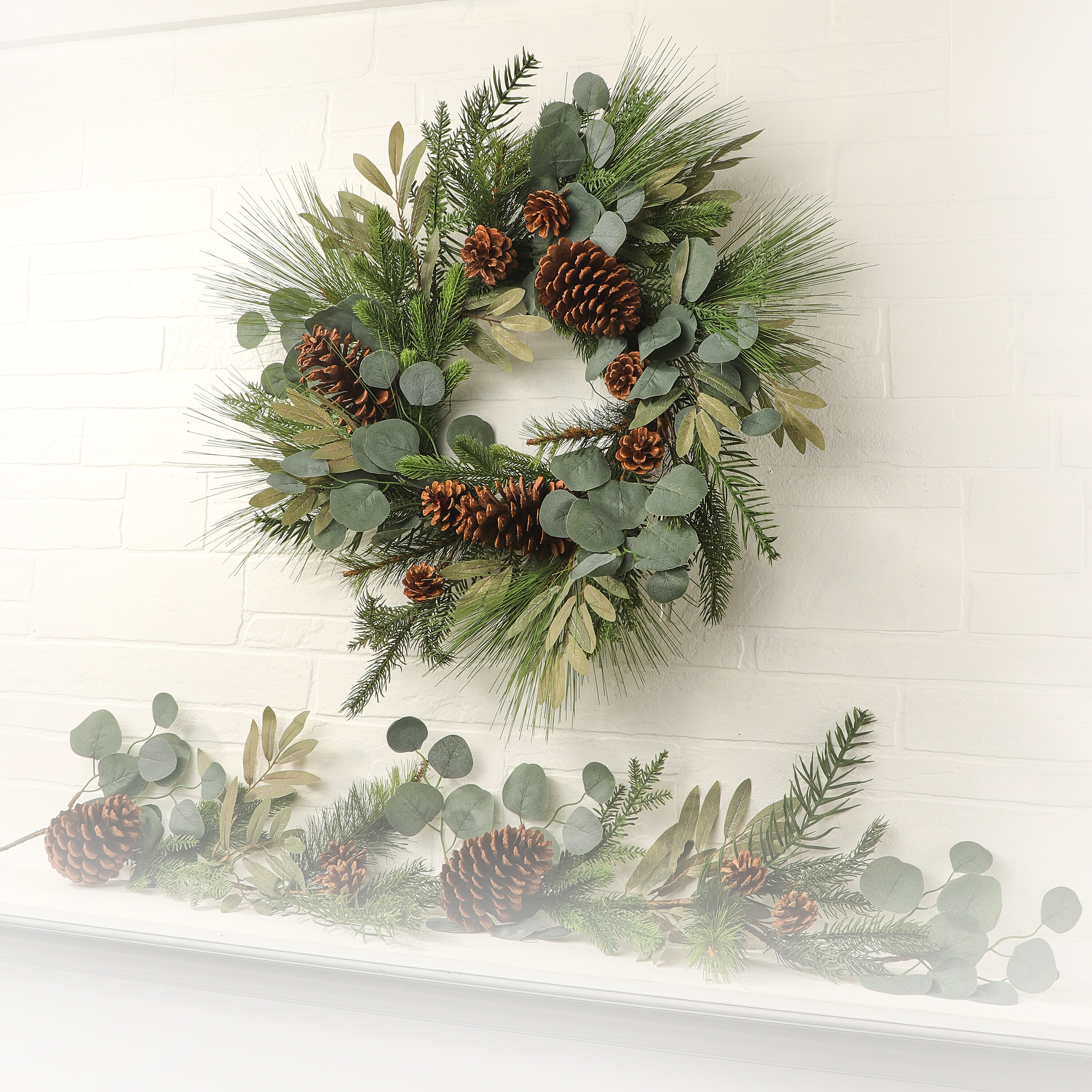 Farmhouse Table Centrepiece Artificial Eucalyptus Wreaths for Winter Fall Farmhouse Wreath- Frosted Real Grapevine Flocked Christmas Wreath for Front Door Pine Cone and Faux Berry 
