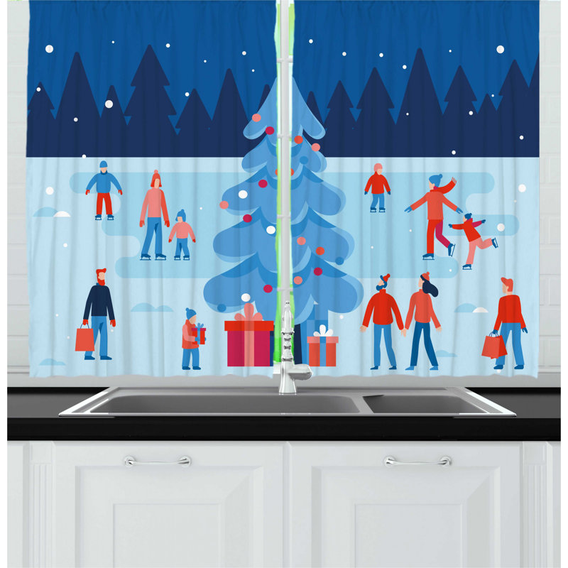 East Urban Home 2 Piece Ice Skates Winter Christmas Tree Happy People And Snowy Weather Cartoon Scene Kitchen Curtains Set And the scene with the white woman calling the police. wayfair
