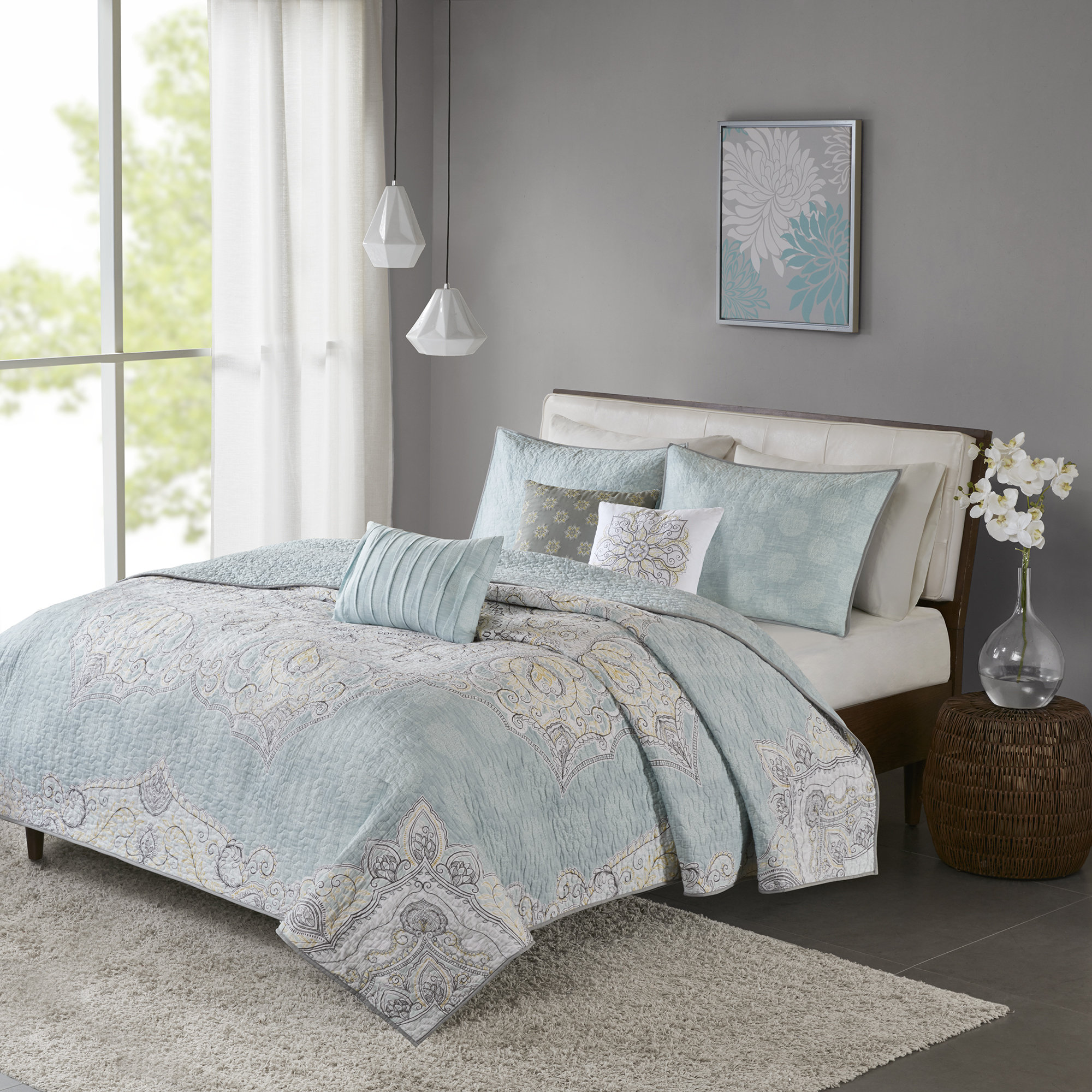 Kappler Seafoam Reversible Damask Cotton 9 Piece Coverlet Set Kappler Seafoam Reversible Damask Cotton 9 Piece Coverlet Set
