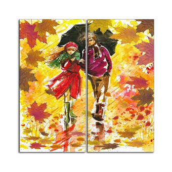 Designart Autumn Walk Of Couple Landscape 2 Piece Painting Print