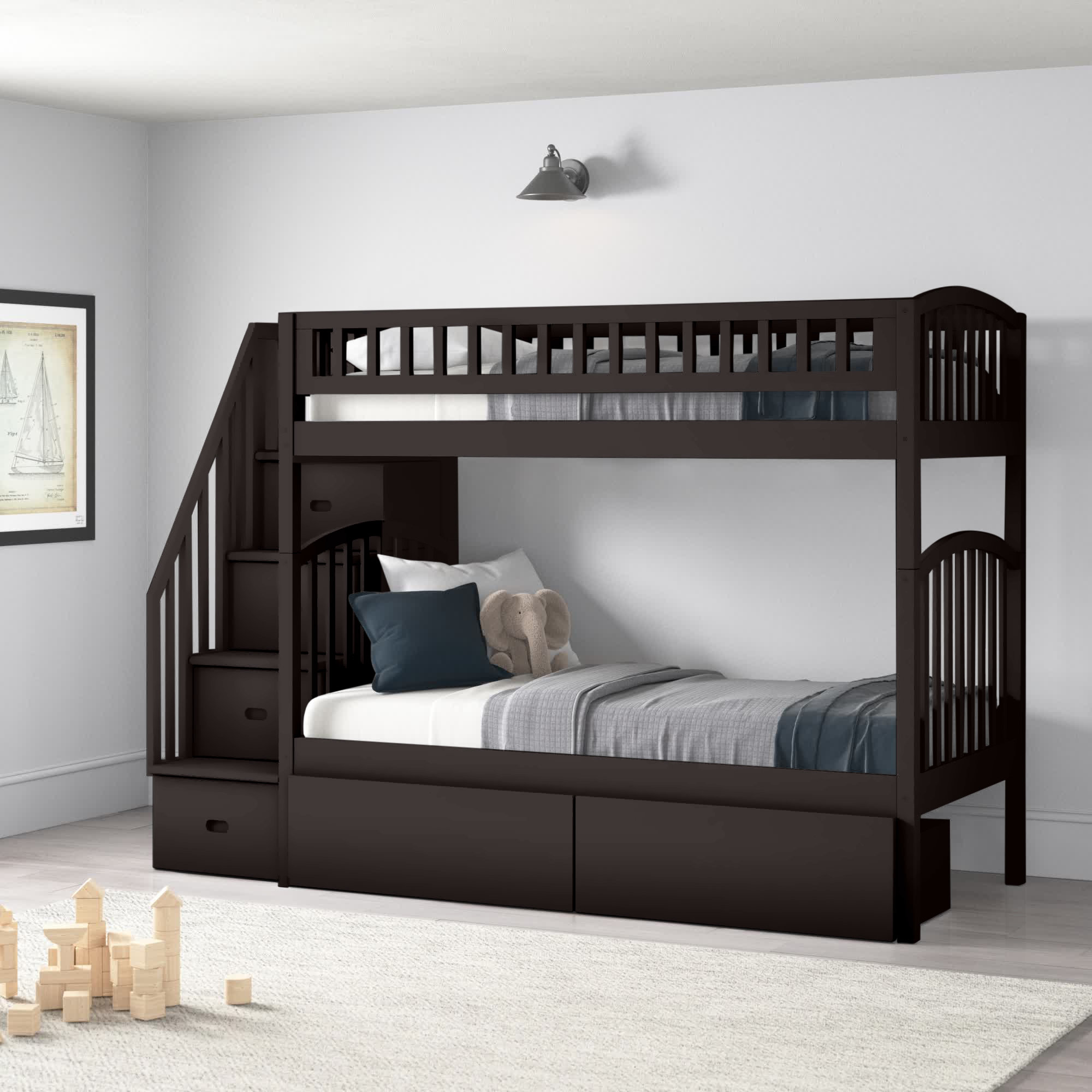 Bunk Beds for Youth Twin/Full with Storage & Shelves 