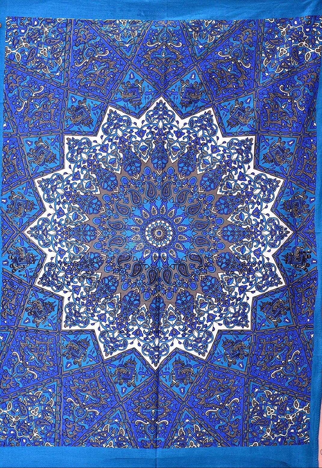 Indian Blue Gold Ombre Mandala Wall Tapestry Boho Decorative Curtains Window Set 