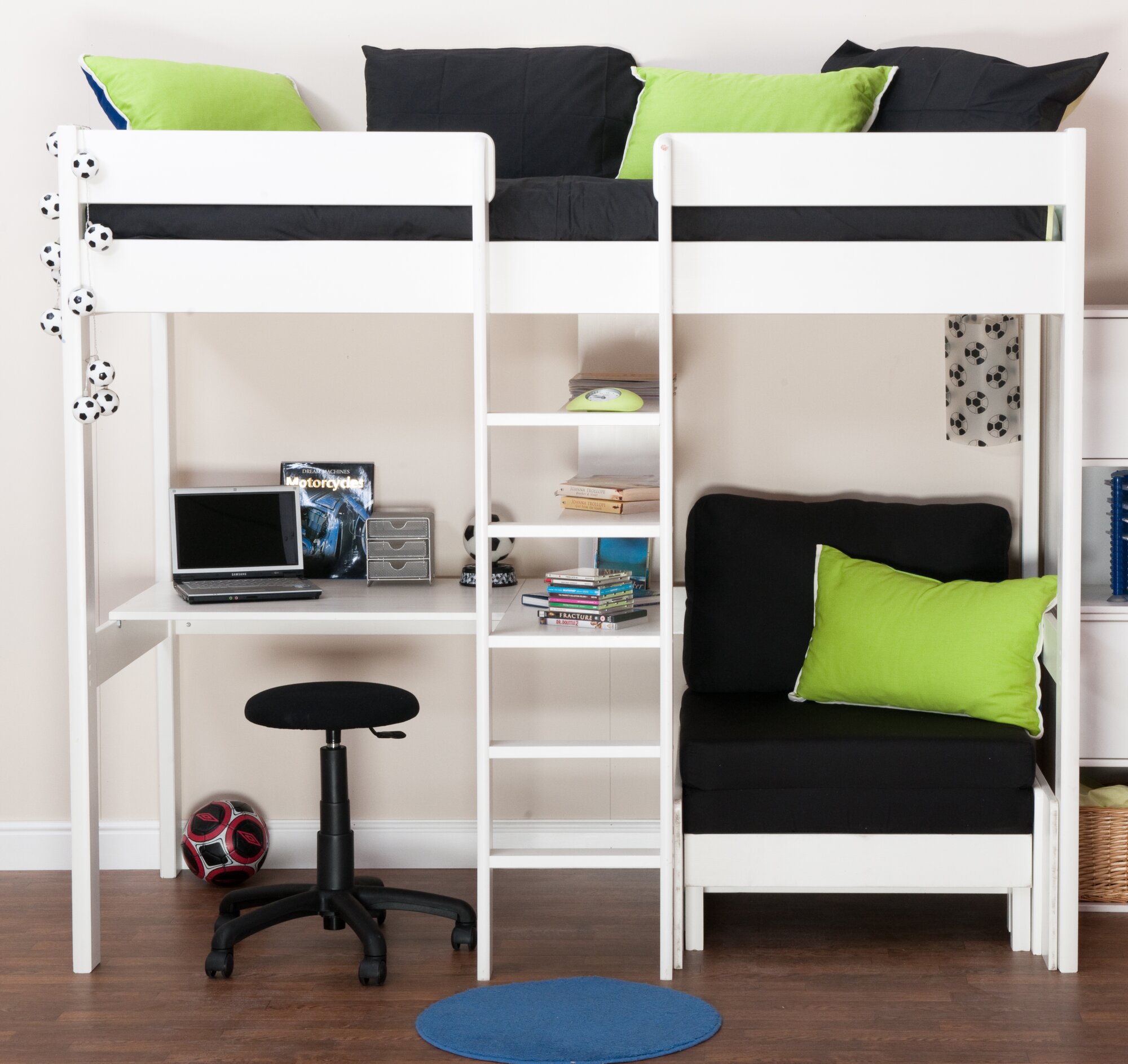Stompa European Single High Sleeper Bed With Shelves And Desk
