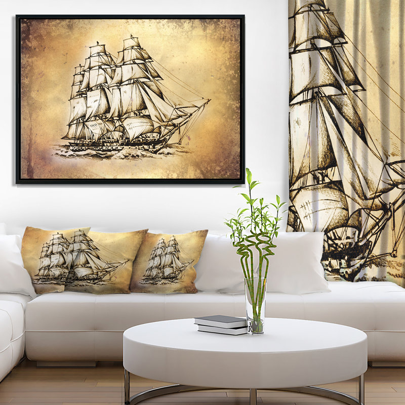 East Urban Home Moving Old Sailboat Drawing Framed Oil Painting