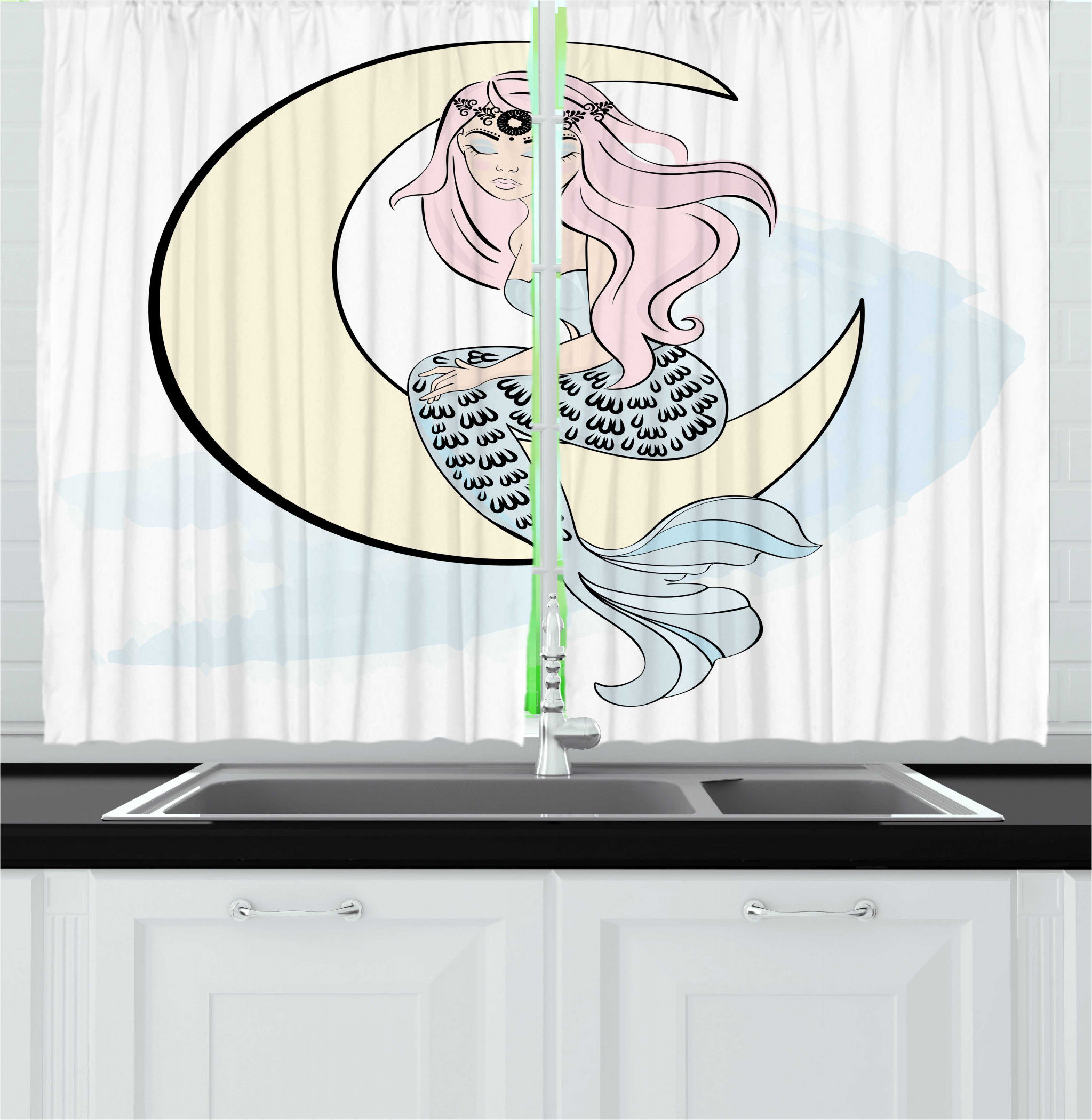 East Urban Home 2 Piece Magic Moon Doodle Of Mermaid Girl Sits On Crescent Kitchen Curtain Set Wayfair