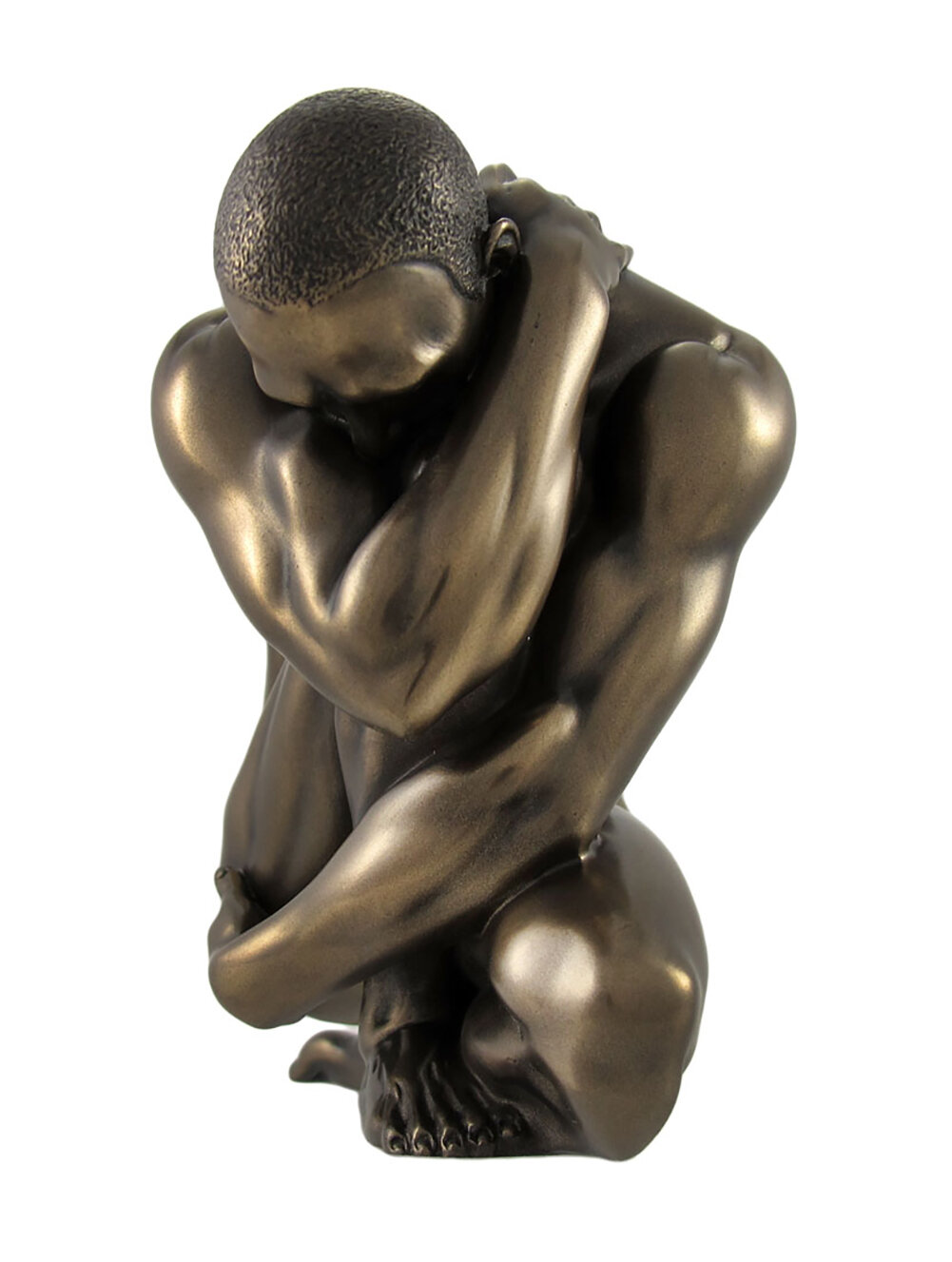 Bronzed Nude Male Posed Crouching Statue 