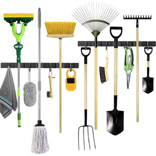 Broom Holder and Garden Tool Garage Organizer 5-6 Hooks for Rake Mop Wall 
