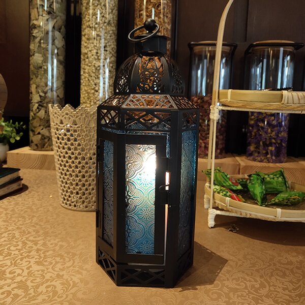 Moroccan Tin Punch Lantern Blue Glass Lamp Candle Holder Black Hang Or Table 10” 