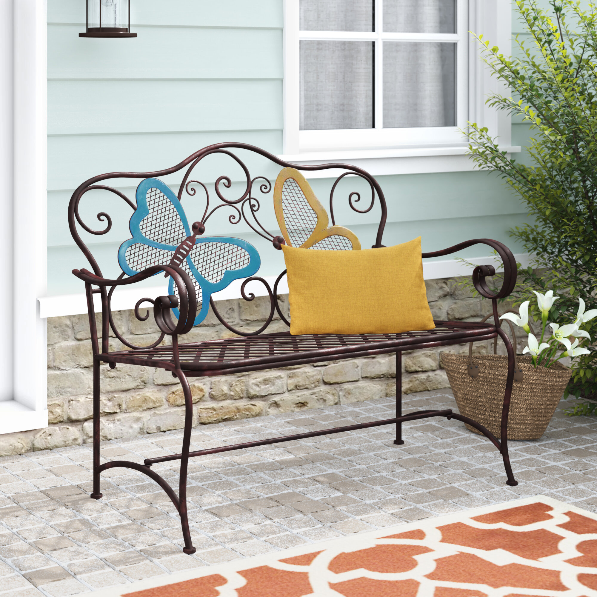 Yellow Painted Metal Butterfly Garden Bench 