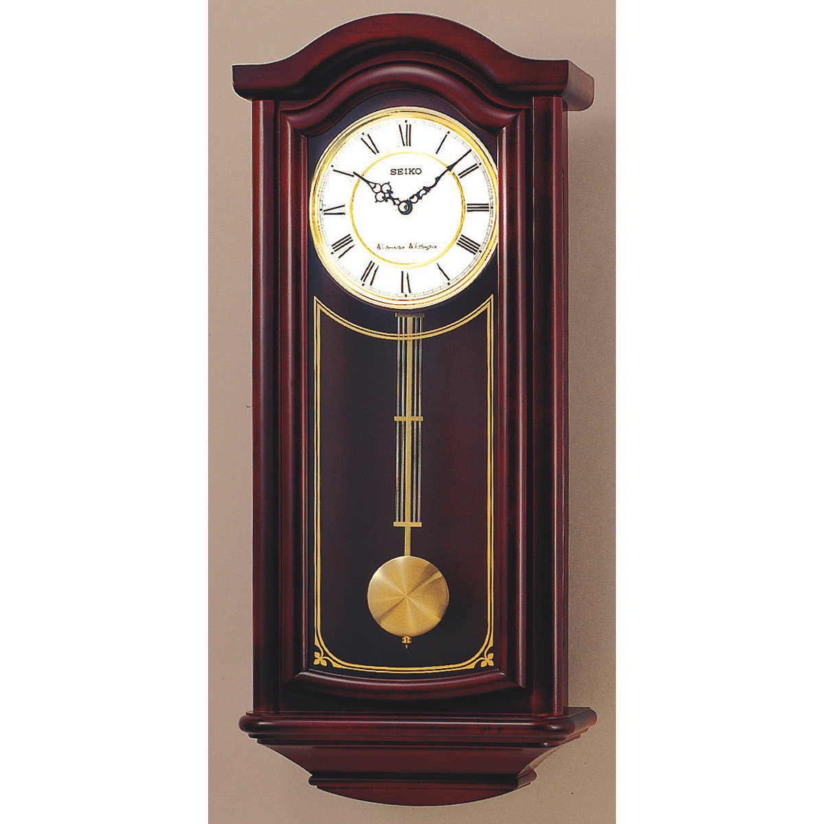 Seiko Wall Pendulum Clock Silver-Tone Case on Black Solid Wood Base