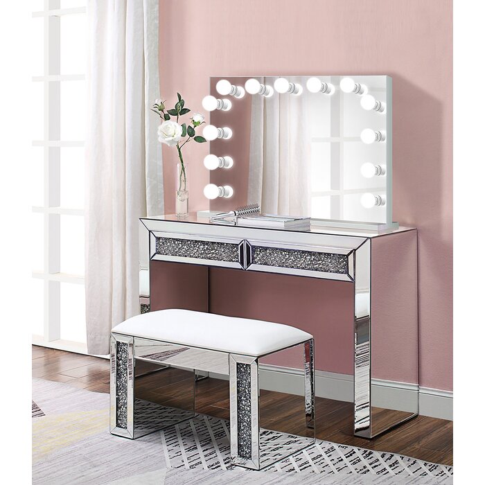 Alderete Glam Crystal Makeup Station Vanity Set With Mirror