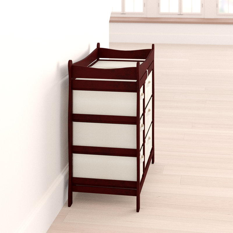 sleigh style baby changing table with 6 storage baskets and pad